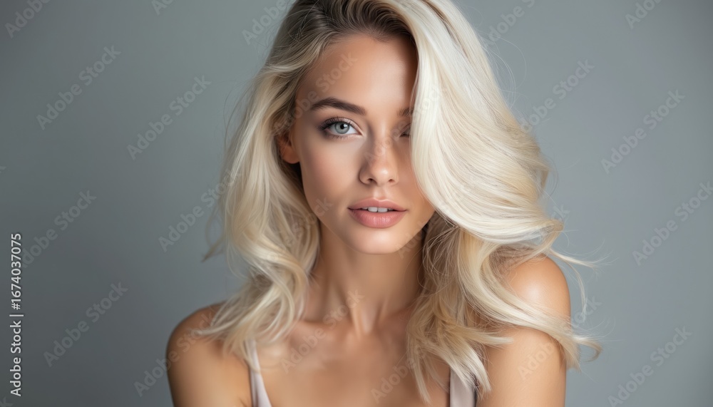 Naklejka premium Elegant fashion portrait features blonde model with smooth platinum hair styled in soft waves. Studio lighting hair texture, volume against contrasting grey background. Realistic, detailed image.