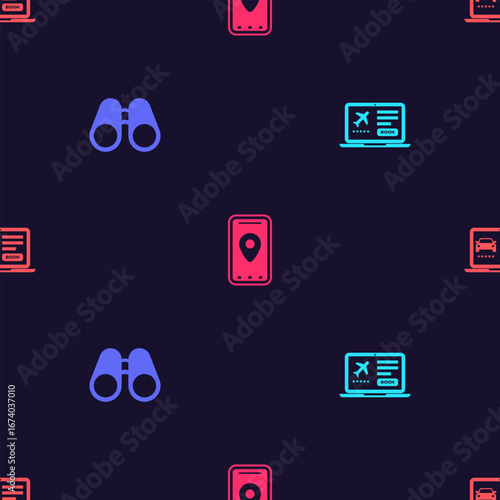 Set Laptop with ticket, Binoculars, Infographic of city map and Online car sharing on seamless pattern. Vector