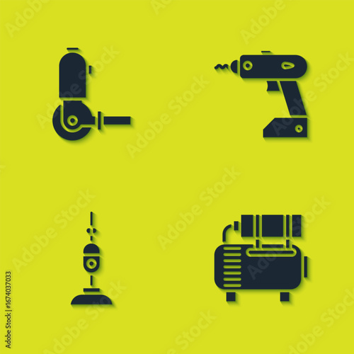 Set Angle grinder, Air compressor, Vacuum cleaner and Electric cordless screwdriver icon. Vector
