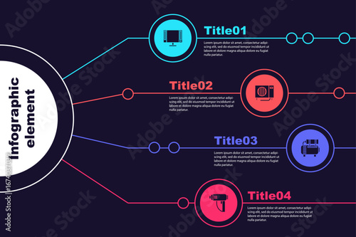 Set Smart Tv, Air conditioner, compressor and Electric industrial dryer. Business infographic template. Vector