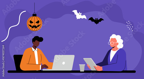 Diverse colleagues collaborate at work, enhanced by festive Halloween decorations like a pumpkin and bats. Ideal for holiday-themed business concepts.