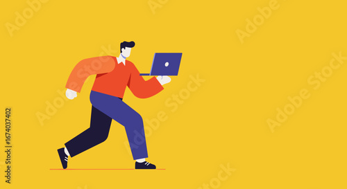 Modern illustration of a man running with a laptop, symbolizing fast-paced business, remote work, and urgent digital productivity. Ideal for technology concepts.