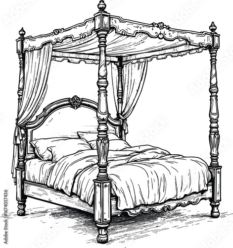 Vintage canopy bed with ornate posts, floral headboard, and draped curtains in detailed black-and-white line art style