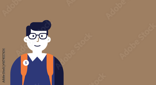 Smiling flat design character wearing glasses and backpack with a dollar sign badge, representing student finance, education costs, or financial literacy concepts.