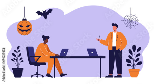 Colleagues working in a festive Halloween-themed office. A diverse team collaborates on business projects during the holiday season, blending productivity with celebration.