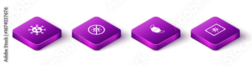 Set Isometric Virus, Stop virus, Medical protective mask and statistics on monitor icon. Vector