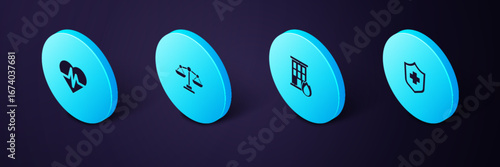 Set Isometric Health insurance, Fire burning house, Scales of justice and icon. Vector