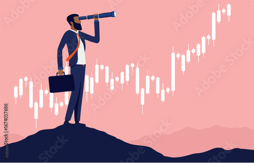 African American businessman looking for economic possibilities - Man with binocular standing on hilltop with rising graph in background. Vector illustration.