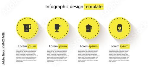 Set Jug glass with water, Irish coffee, French press and Bag beans. Business infographic template. Vector