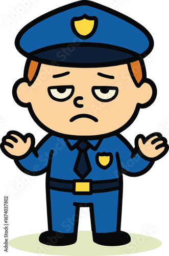 Confused police officer shrugging with open hands, cartoon character illustration, isolated vector on a white background.