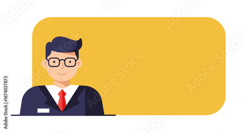 Smiling professional man in glasses and suit with a nametag, offering friendly service or information. Ideal for business, corporate, or customer support themes with copy space.
