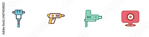 Set Construction jackhammer, Electric cordless screwdriver, jigsaw and Circular blade icon. Vector