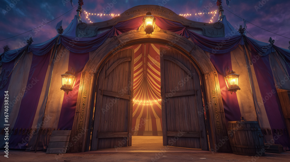 Obraz premium Circus tent entrance illuminated at dusk with open doors