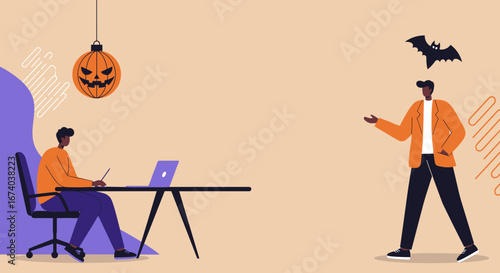 Professionals working in a modern, Halloween-decorated office. Ideal for seasonal business concepts, holiday-themed productivity, or team collaboration.
