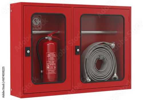 Isolated red metal cabinet containing fire hose and extinguisher for emergency response