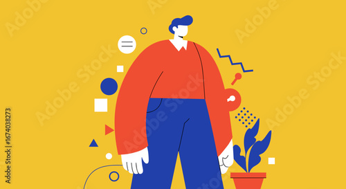 Vibrant illustration of a stylized person nurturing a plant, symbolizing growth, care, and new ideas in business development or personal well-being. Modern conceptual design.