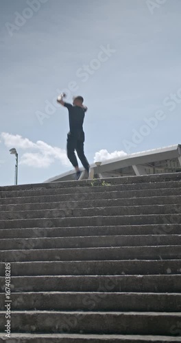 A focused male athlete engages in a vigorous stair workout, performing squats and walking down, showcasing dedication to fitness and physical strength.