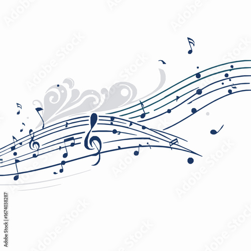 Blue musical notes and staff on white background treble clef