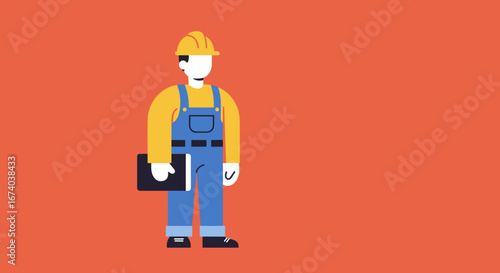 Professional worker in a hard hat and blue overalls holding a clipboard, symbolizing construction, safety, project management, and skilled labor.