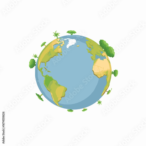 Cartoon globe with green trees and blue oceans earth