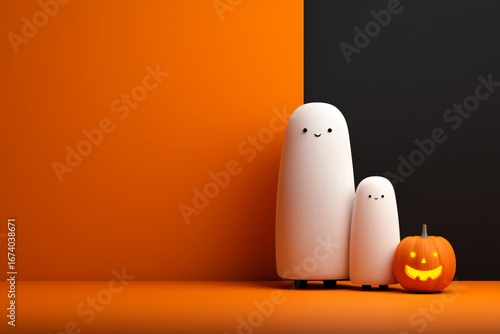 Cute animated ghost characters stand next to a Halloween pumpkin, radiating joy in a striking setting.