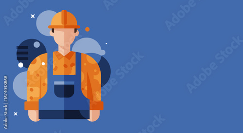 Professional construction worker or tradesperson in protective gear against a blue background, symbolizing labor, industry, and building services. Ideal for business and vocational themes.