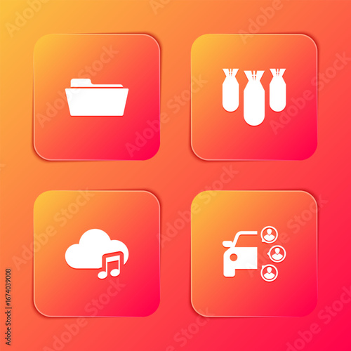 Set Folder, Aviation bombs, Music streaming service and Car sharing icon. Vector