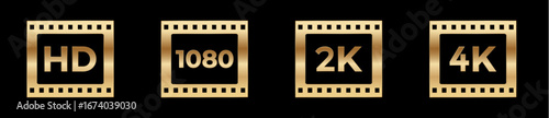 Gold film strip icons: hd, 1080, 2k, 4k video quality symbols on black.