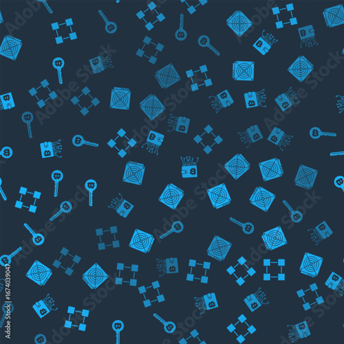 Set Blockchain technology, ASIC Miner, Cryptocurrency wallet and key on seamless pattern. Vector