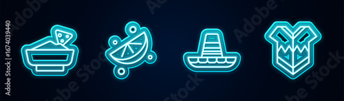 Set line Nachos in bowl, Sliced lime, Mexican sombrero and Poncho. Glowing neon icon. Vector