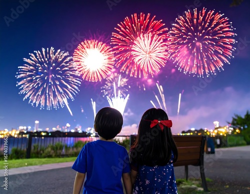 Children watching fireworks display at night