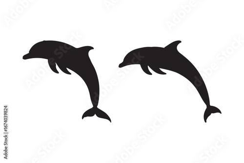 Two black silhouettes of dolphins leaping out of water