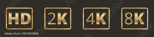Stylish gold hd, 2k, 4k, 8k resolution icons on black background.