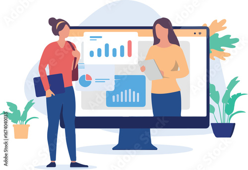 Online education - Student taking remote course video lesson on internet, with financial and business graphs and diagrams. Flat design vector illustration with white background
