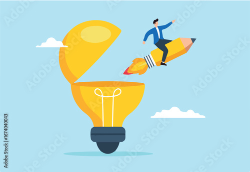 Flat illustration of man riding pencil rocket out of open light bulb creativity development new ideas boost creative thinking genius idea writing content