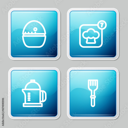 Set line Kitchen timer, Chef hat, French press and Fork icon. Vector