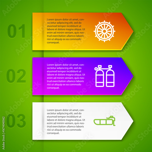 Set line Ship steering wheel, Aqualung and Inflatable boat with motor. Business infographic template. Vector