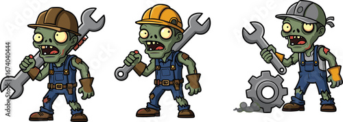 Cartoon zombie mechanics with torn overalls and gloves, holding giant wrenches, wearing hard hats and caps, standing with gears, funny undead characters