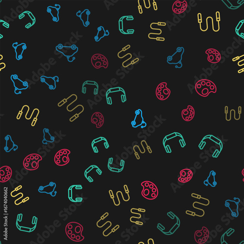 Set line Radio controlled car toy, Headphones, Jump rope and Palette on seamless pattern. Vector