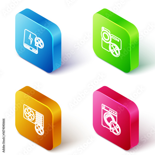 Set Isometric line Power bank service, Video camera, Air conditioner and Washer icon. Vector