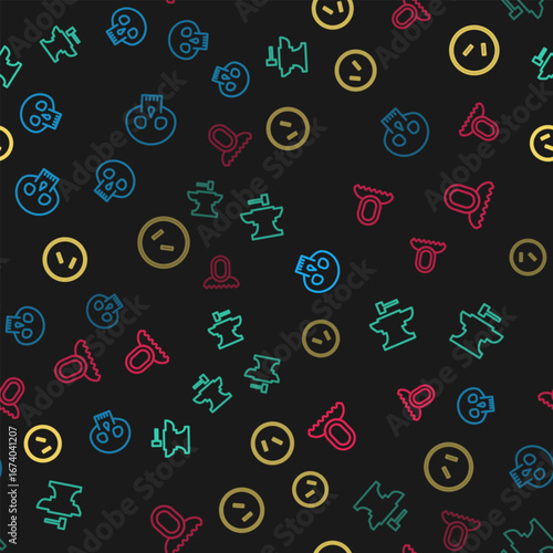 Set line Skull, Anvil for blacksmithing hammer, Round wooden shield and Medieval hood on seamless pattern. Vector