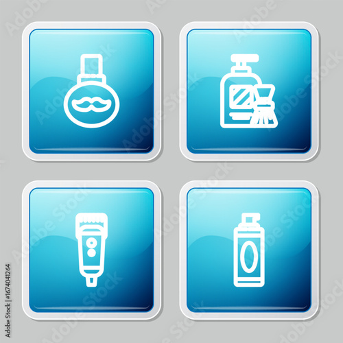 Set line Beard and mustaches care oil bottle, Shaving gel foam brush, Electrical hair clipper or shaver and icon. Vector