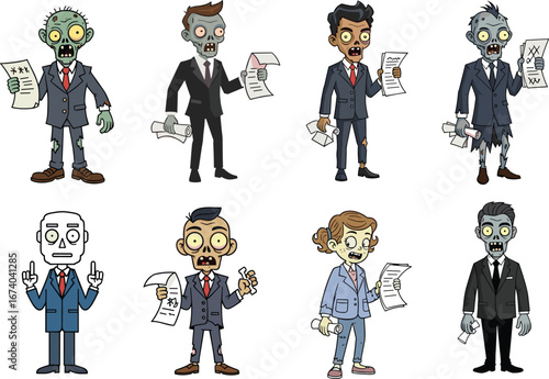 Cartoon zombie office workers with documents, funny undead business characters in suits, horror office concept, corporate Halloween theme vector illustration