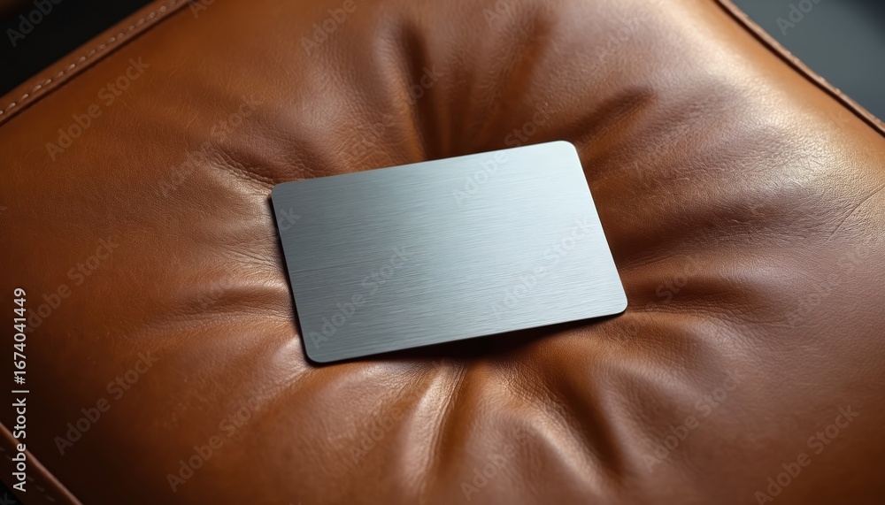 Obraz premium Minimalist brushed metal card mockup rests on textured tan leather chair. Shiny steel rectangle has brushed surface, conveying modern elegance and industrial feel. Smooth luxury design.