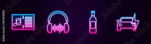 Set line Music book with note, Headphone and sound waves, Bottle of wine and Electric car. Glowing neon icon. Vector