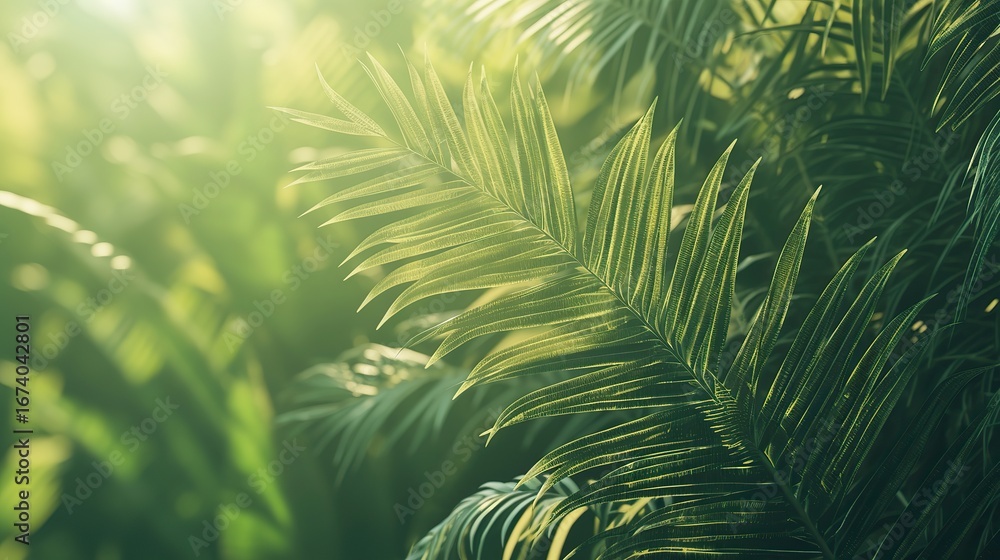 Naklejka premium A close-up of vibrant green palm leaves, symbolizing growth and vitality, with vibrant colors and soft focus creating an atmosphere that evokes the fresh essence of nature's beauty.