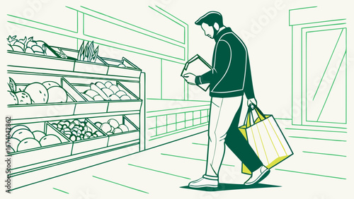 Outline illustration of a man grocery shopping, checking his list in the produce aisle with reusable bags.