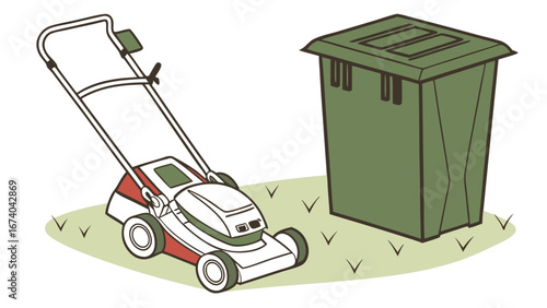 Lawn Mower and Green Compost Bin on Grass Patch Illustration for Yard Care and Gardening