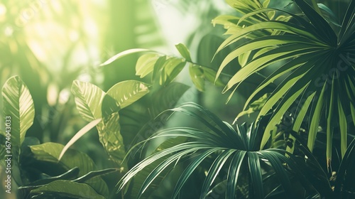 A close-up of vibrant green palm leaves, symbolizing growth and vitality, with vibrant colors and soft focus creating an atmosphere that evokes the fresh essence of nature's beauty.