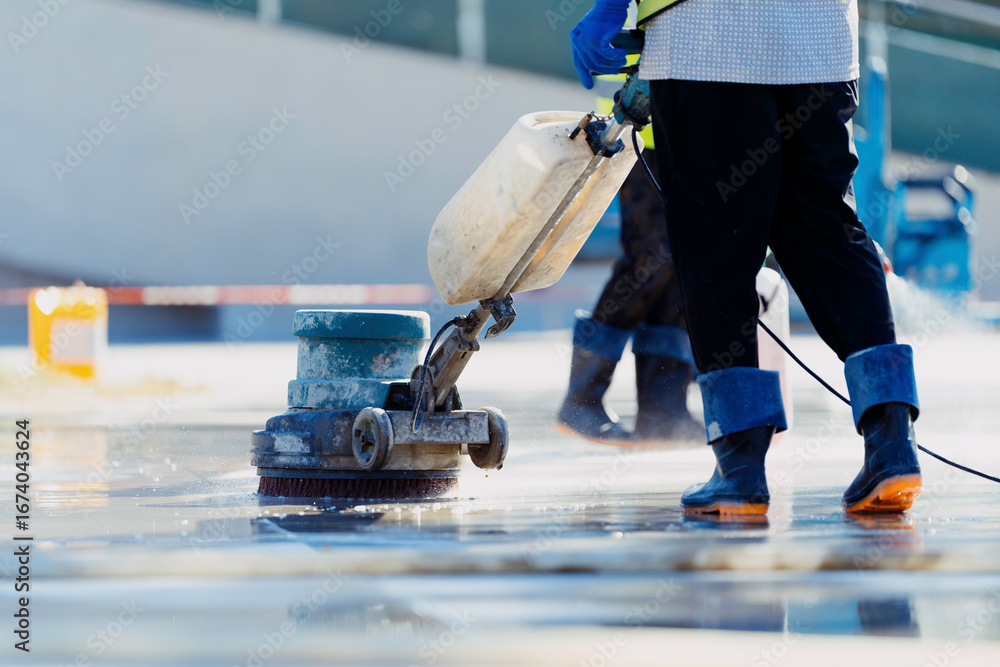 Fototapeta premium woker cleaning floor with machine